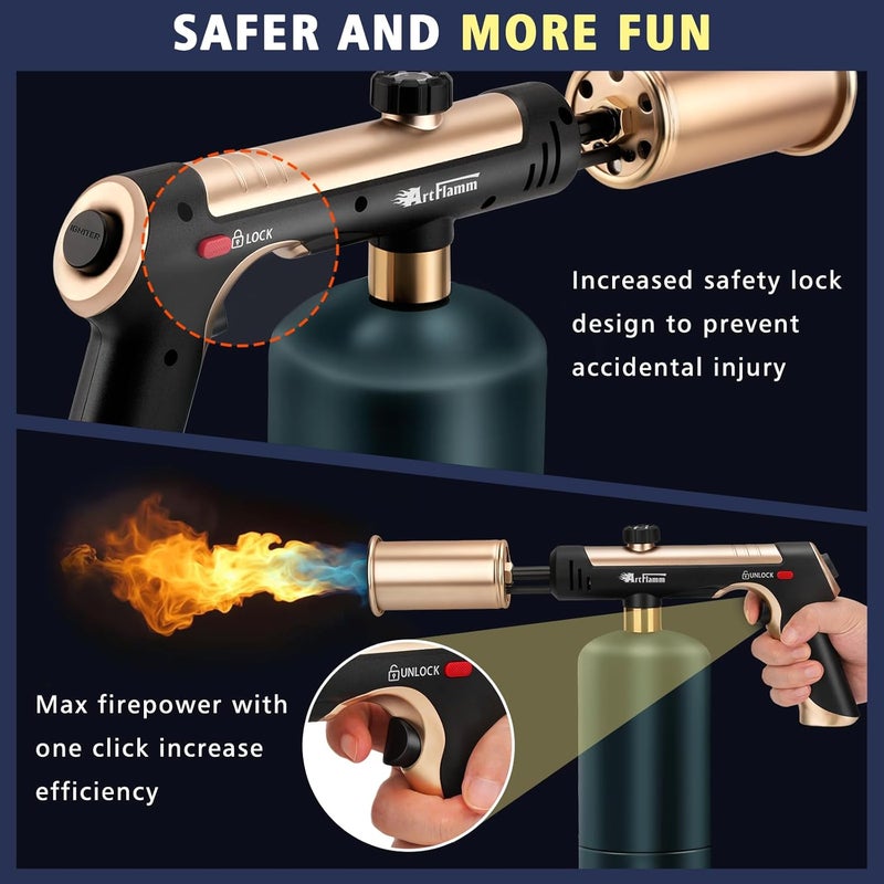 ARTFLAMM Propane Torch with Turbo Mode, Flamethrower Gun with Safety Lock, Blow Torch Gun for Cooking, Kitchen Food Torch Head for Grill, Searing Steak, BBQ, Charcoal Lighter(Tank Not Included) - Image 2